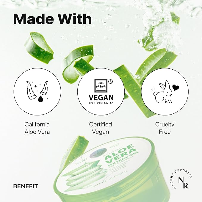 Nature Republic MILD & MOISTURE ALOE VERA WATERY GEL (1 PCS) Quick Hydration & Moisturizing,fast absorbing non-sticky texture,korean skin care for Face,Hair,Sunburn relief, aftershave, all Skin Types