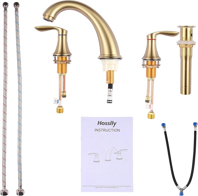 Bathroom Sink Faucet, Dual Handle Widespread Bathroom Faucet 3-Hole Design with Brushed Gold Finish, Includes Pop-Up Drain and cUPC Certified Lead-Free Hoses (Brushed Gold)