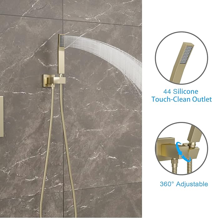 Lordear 12 Inch Rainfall Shower System Wall Mounted Shower Head Faucet Set Gold Brushed Stainless Steel Showerhead with Handheld Combo, Brass Valve Included