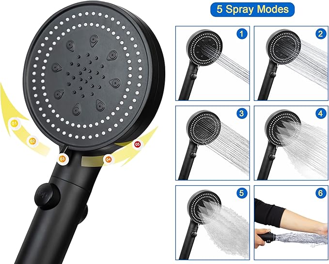 High Pressure Handheld Shower 5-Settings、Leakproof Extra Long 78 Inch Stainless Steel Hose、Adhesive Shower Head Holder（Height/Angle Adjustable）、Matte black(Classic)、ON/OFF Pause Switch