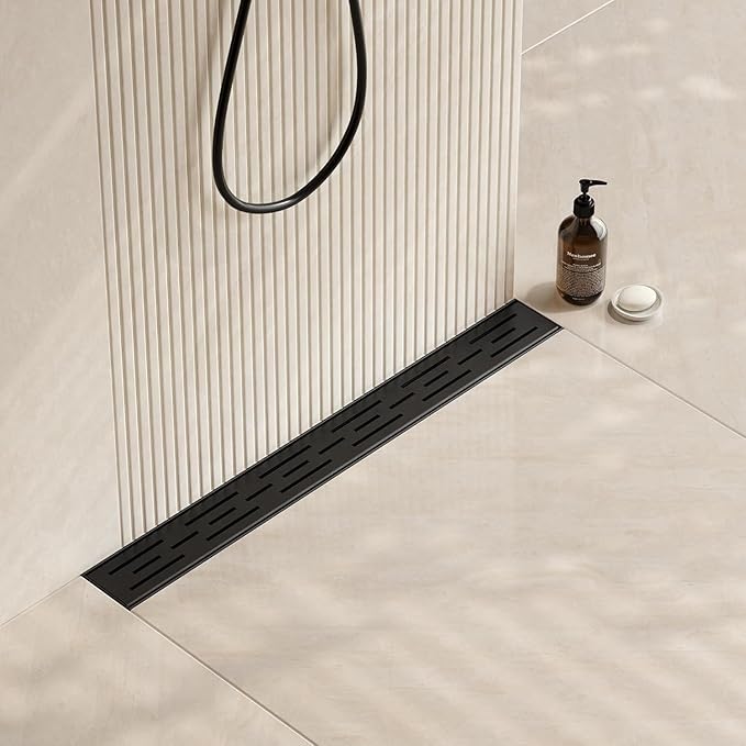 Neodrain 28 in Matte Black Linear Shower Drain, Rectangular Shower Linear Drain with Brick Pattern Grate, 304 Stainless Steel Bathroom Floor Drains