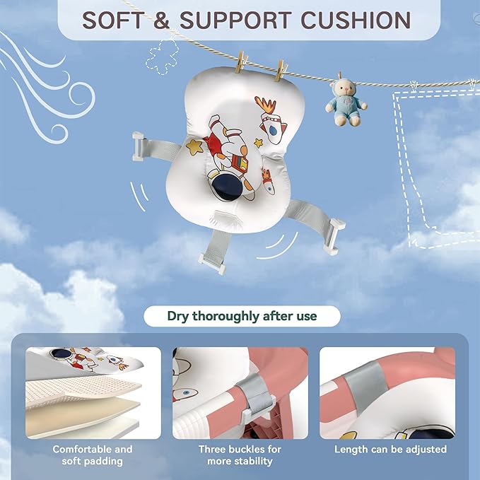 Collapsible Baby Bathtub for Newborn to Toddler (0-24 Months), Portable Baby Bath Tub for Travel, Newborn Bathtub with Soft and Supportive Cushion (Astronaut-Pink)