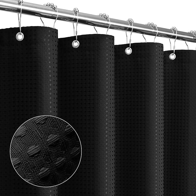 Gibelle Long Shower Curtain 72 x 78, Tall Waffle Weave Textured Fabric Shower Curtain for Bathroom, Water Repellent, Machine Washable, Black