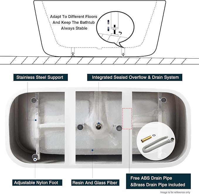 FerdY Maui 67" Acrylic Freestanding Bathtub, Contemporary Elegant Design Soaking Tub, Easy to Instal with Brushed Nickel Drain and Minimalist Linear Design Overflowl, 02563