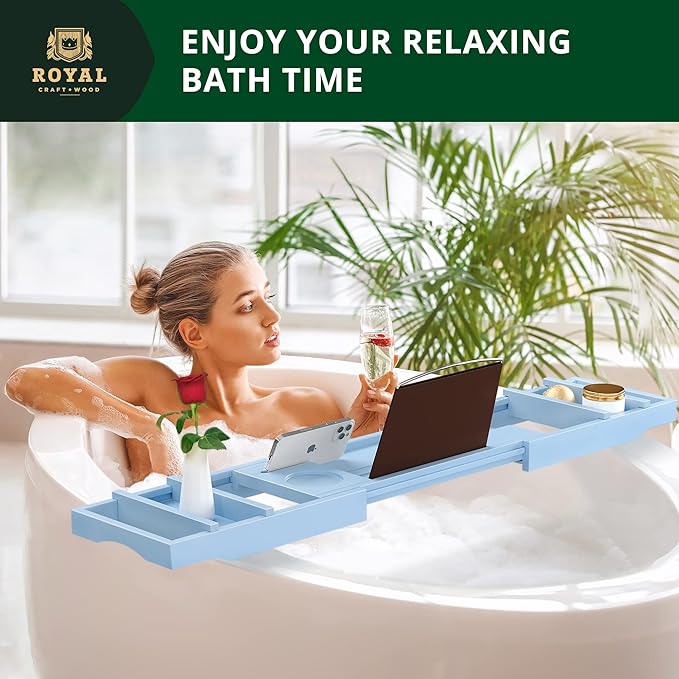 ROYAL CRAFT WOOD Non-Foldable Bathtub Tray - Wood Bath Tray for Tub, Bamboo Bathtub Shelf, Expandable Bath Table Trays, Luxury Bathroom Accessories for New Home & Unique Gift for Women