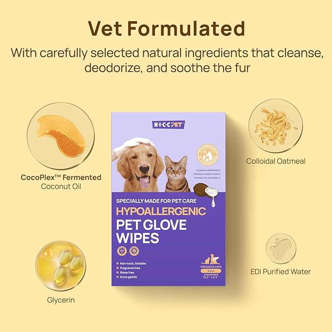 HICC PET Cleaning Deodorizing Glove Wipes for Dogs & Cats, Vet Recommended Hypoallergenic Hydrating & Nourish Fur Pet Grooming Glove Wipes, Pet Bathing Wipes for Horse Coat Care,6pcs Unscented