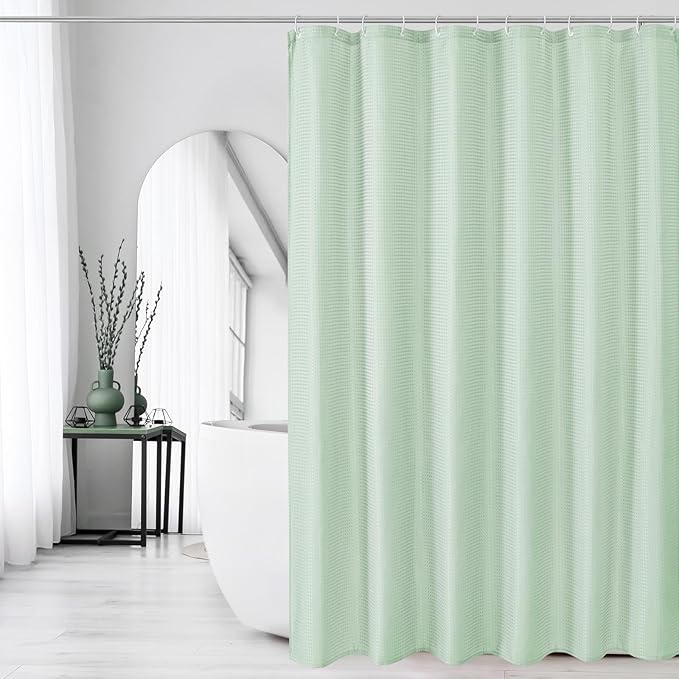 Gibelle Extra Long Shower Curtain 72 x 84, Tall Waffle Weave Textured Fabric Shower Curtain for Bathroom, Water Repellent, Machine Washable, Mint Green
