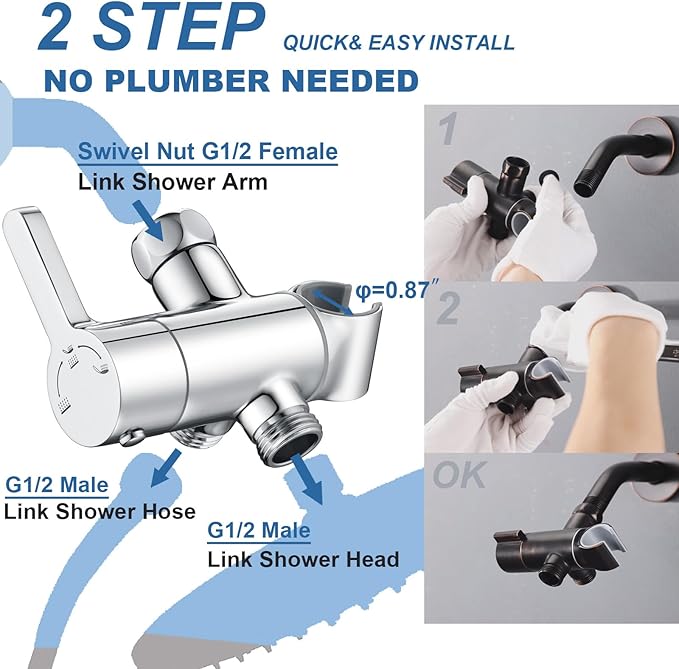 3 Way Shower Diverter Valve with Hand Shower Holder, G1/2 Shower Head Splitter, Shower Arm Diverter (Chrome)