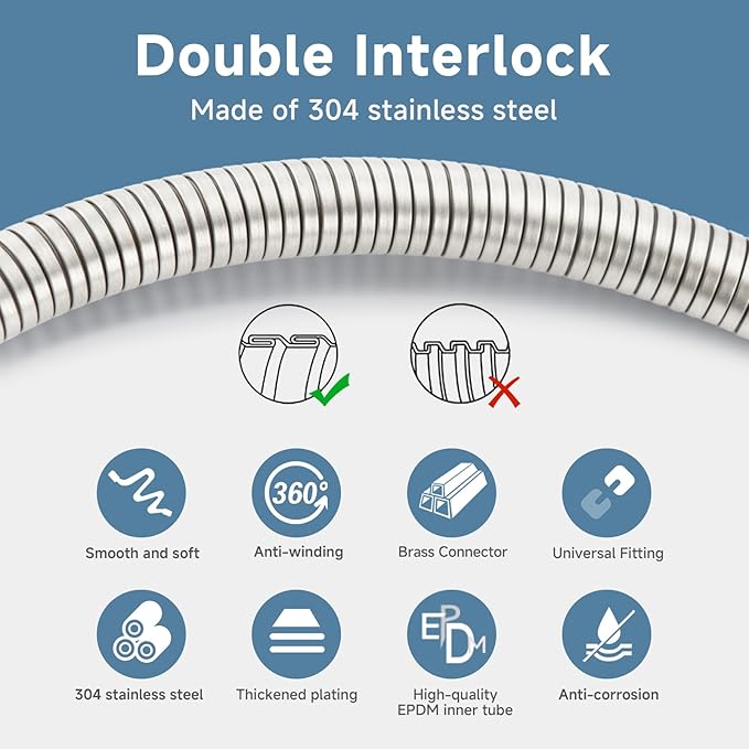 Brushed Nickel Shower Hose Extra Long 304 Stainless Steel Handheld Showerhead Hoses, Anti Winding Interface,With Brass Insert Nut Flexible Rv Shower Hoses Replacement High Pressure Bidet Hose Short