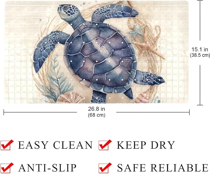 Bathtub Mats for Shower Tub, Anti-Slip Bath Mats for Inside Tub, Bathroom Shower Mats with Drain Holes and Suction Cups (Vintage Sea Turtle with Seashells and Starfish)