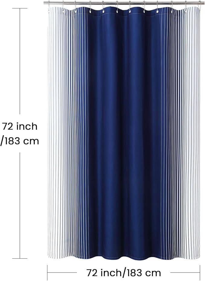 Blue Shower Curtain, Modern Navy Blue and White Gradient Vertical Stripe Waterproof Polyester Shower Curtains for Bathroom, 72x72 Inches