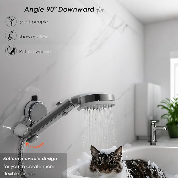 Suction Cup Hand held Shower Head Holder- Reusable - 5 Angles Adjustable - Bathroom Wall Mount Shower Wand Holder - Polished Chrome