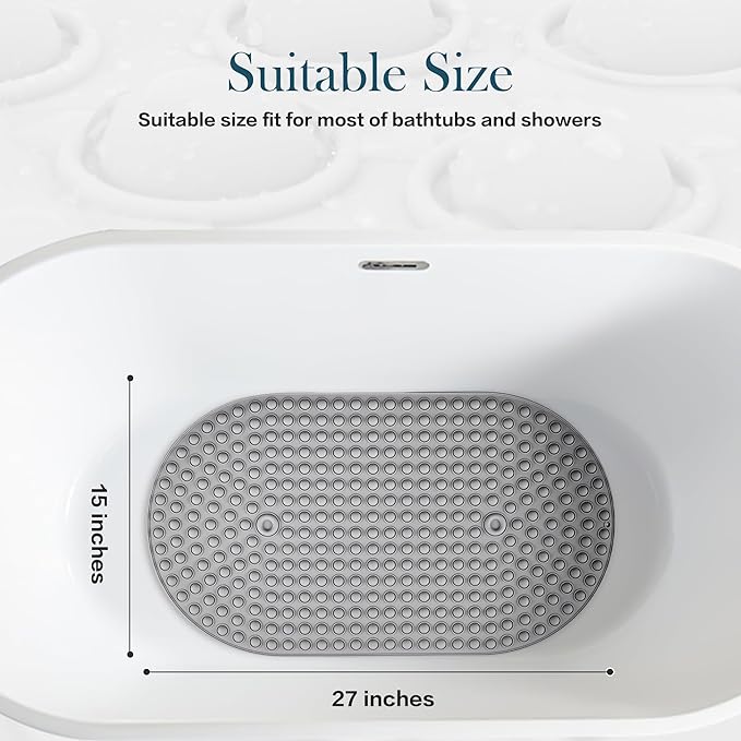 Silicone Bath Mat for Tub Non Slip, Bubble Massage Anti Slip Shower Mat with 27 x 15 Inches for Easy Storage, Washable Bathtub Floor Mats for All Ages, Grey, Oval