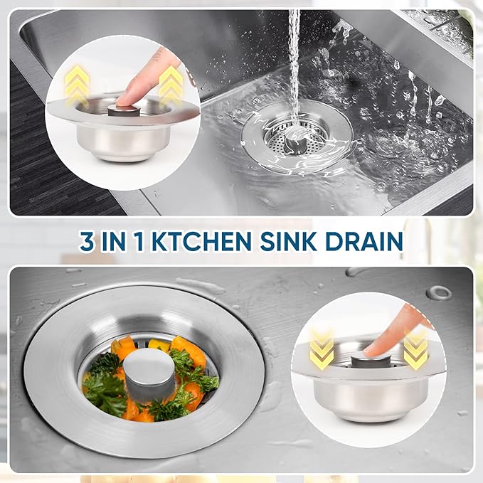 Upgraded 3 in 1 Kitchen Sink Drain Strainer & Sink Stopper,304 Stainless Steel Pop-Up Kitchen Sink Drain Strainer and Stopper Combo,Fits US Standard 3-1/2 Inch Drain, Anti-Clogging Odor Prevention
