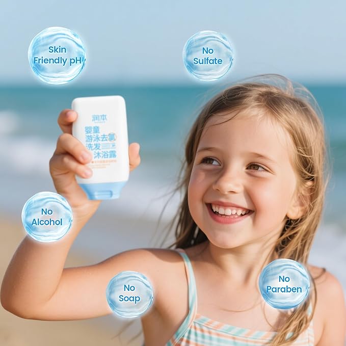 RUNBEN Kids Swim 2-in-1 Shampoo & Body Wash, After Swim Care for Baby, Chlorine Removal Wash for Swimmers, Hydrating & Gentle for Sensitive Skin, Specially Developed for Children Swimming, 3.35 oz