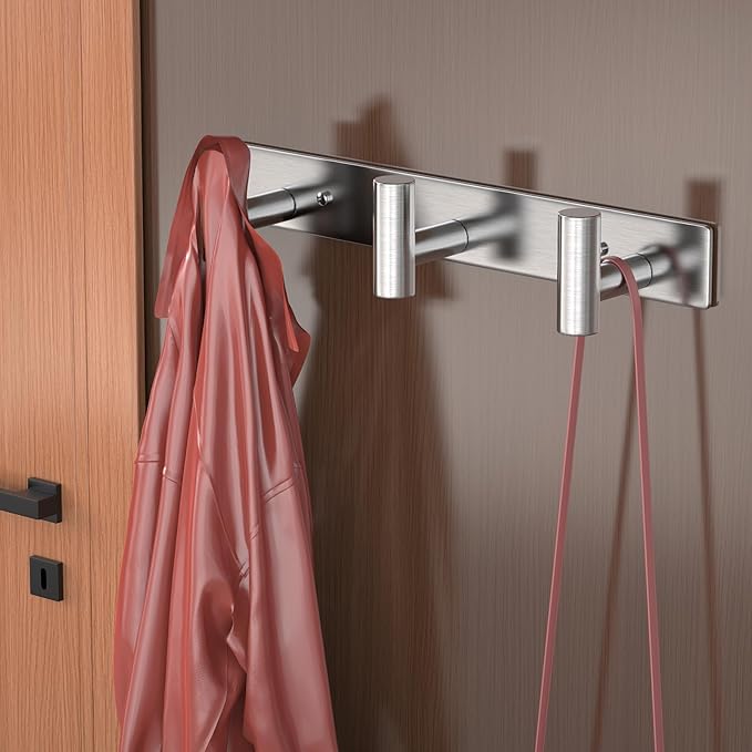 HUFEEOH 2 Pack Coat Hooks Wall Mount, Silver T Shaped 3 Hooks Wall Hooks Stainless Steel Coat Hanger, Heavy Duty Towel Hooks Purse Rack for Hanging