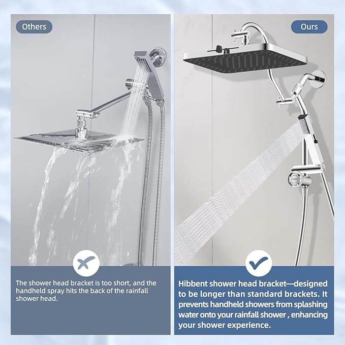 Hibbent Upgraded cUPC Certified 13'' Shower Head Combo, High Pressure 5-spray Rainfall Showerhead, Stainless Steel 4 Modes Handheld Spray, All Metal 4-way Diverter Arm, 71'' Hose & Holder, Chrome
