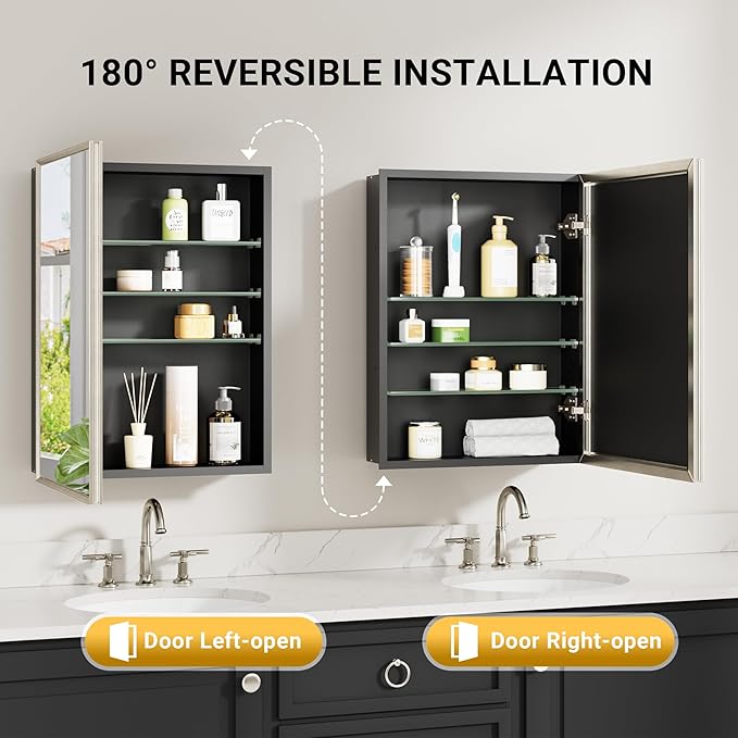 Pre-Assembled Surface or Recessed Medicine Cabinet Mirror-40x30 Brushed Nickel Bathroom Medicine Cabinet with Mirror & Rustproof Aluminum Frame, Beveled Bathroom Vanity Mirror with Storage