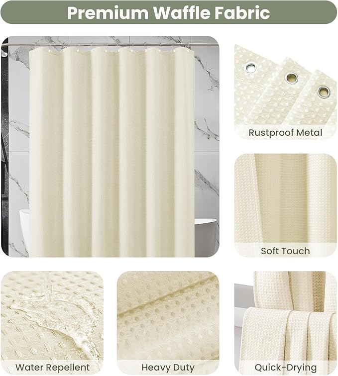 Inhousolu Fabric Shower Curtain Waffle Weave, 230 GSM Heavy Duty, Weighted Hem, 14 Metal Hooks, Water Repellent, Machine Washable, Hotel Spa Luxury Bath Curtain Set, 72 x 78 Inch, Ivory