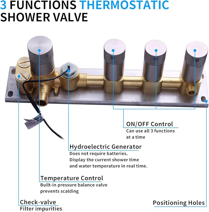 Triple Function Shower Diverter Valve Digital Display Shower Mixer Valve Kit Replacement Temperature Control Valve (Brushed Nickel)