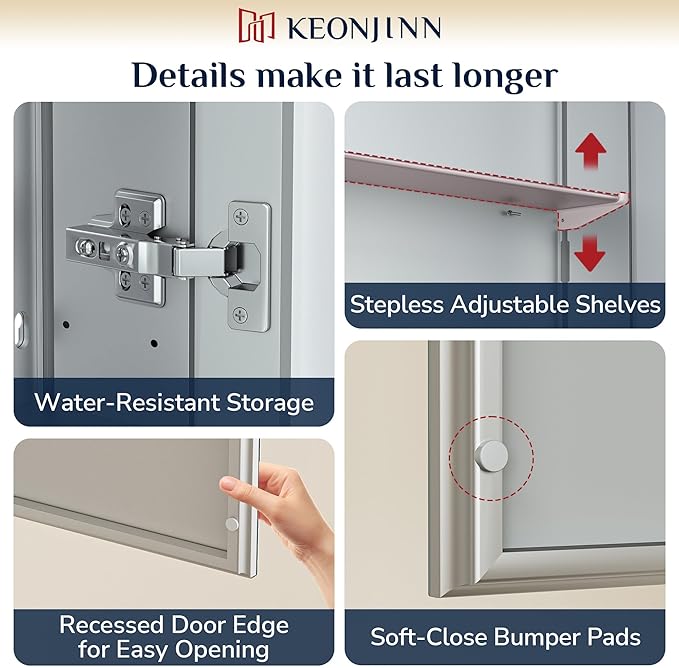 Keonjinn 48 x 26 Inch Medicine Cabinet, Assembly Required, Silver Bathroom Medicine Cabinets Mirror, Lightweight, Adjustable Shelves, Surface Mount or Recessed, Tempered Glass
