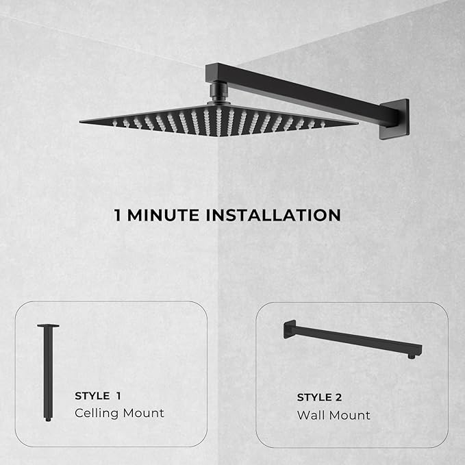 Rain Shower Head, 10 Inches Large Rainfall Shower Head, 304 Stainless Steel Made, Ceiling or Wall Mount, High Pressure Flow, Ultra Thin, Matte Black