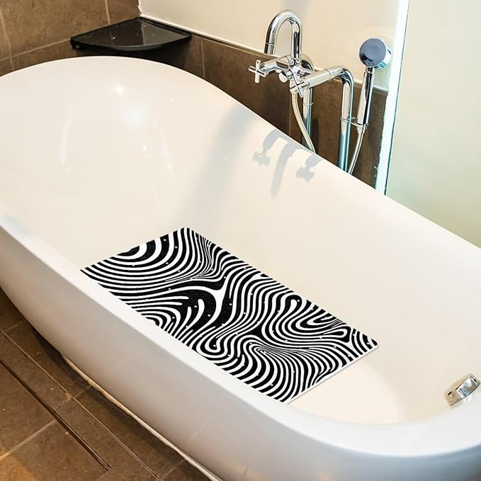 Bath Tub and Shower Mats, Non Slip Bathmat with Drain Holes and Suction Cups for Bathroom Floor, 15.1 x 26.8 Inch (Black and White Abstract Art Lines Pattern)