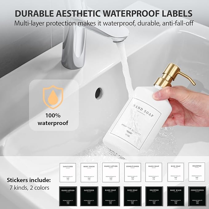 Gold Soap Dispenser Set, Glass Hand and Dish Soap Dispenser Set with Tray,Stainless Pump,14 Stickers for Kitchen,Bathroom Soap and Lotion Dispenser,Modern Counter Decor (White Bottle/Gold Pump)