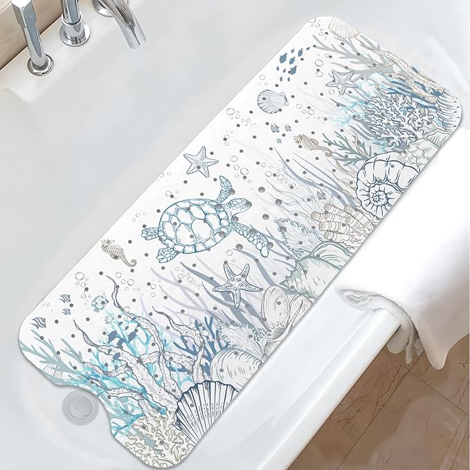 Sea Turtle Bathtub Mat Non Slip, Cute Baby Bath Mat for Tub Rubber Tub Mat, Kids Bath Mats for Bathroom Undersea Anti Slip Shower Mat with Suction and Drain Holes Machine Washable, 40″X16″