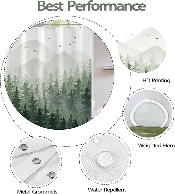 Aipon Green Misty Forest Shower Curtain Ombre Nature Tree Plants Shower Curtains Fabric Waterproof Mountain Shower Curtain Sets for Bathroom Bath Decor with 12 Hooks (Green, 72'' × 84'')