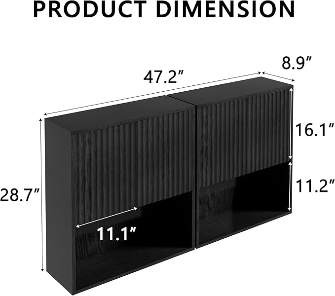 Fluted Bathroom Wall Cabinet Over The Toilet Storage,Wall Mounted Cabinet with Adjustable Shelf,Floating Cabinet Organizer Hanging Cabinet,Kitchen and Laundry Room Cabinets (Black-2 PCS)