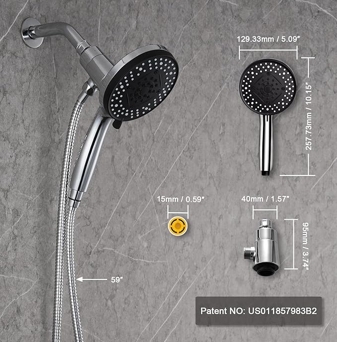 2.5gpm Magnetic Shower Head with Handheld:High Pressure10-setting Handheld Shower Head,Magnetic Bracket,59 Inches Stainless Steel Shower Hose,Magnetic Shower Base. (Basic Model, Chorme)