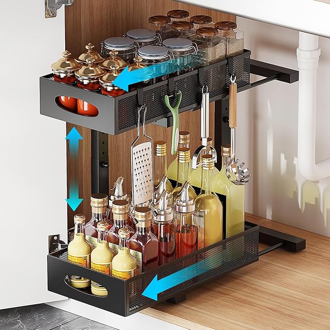 Under Sink Organizer, 2-Tier Pull Out Cabinet Organizer with Adjustable Height, Use in Kitchen Bathroom Cabinet and Countertop Storage, Black