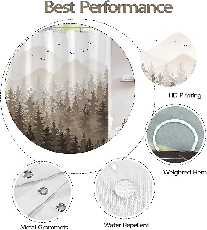 Aipon Brown Misty Forest Shower Curtain Ombre Nature Tree Plants Shower Curtains Fabric Waterproof Mountain Shower Curtain Sets for Bathroom Bath Decor with 12 Hooks (Brown, 72'' × 78'')