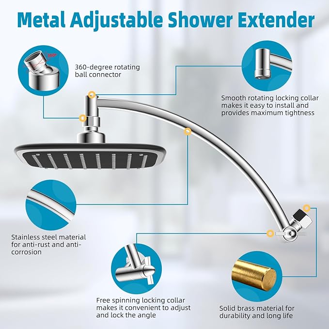 Rain Shower Head with 12" Shower Head Extension Arm, 10" High Pressure Boosting Rainfall/Fixed Showerhead 2.5 GPM, Metal Shower Head Extender Adjustable Height Angle, Easy 1-Min Installation, Chrome