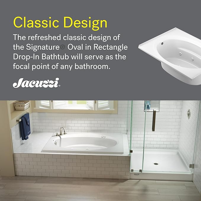 Jacuzzi SIGNATURE Acrylic Drop-In Bathtub, Heated Jet Massage Tub, Slip Resistant, Left Drain Placement, 72" (L) x 42" (W), Oval In Rectangle, Oyster