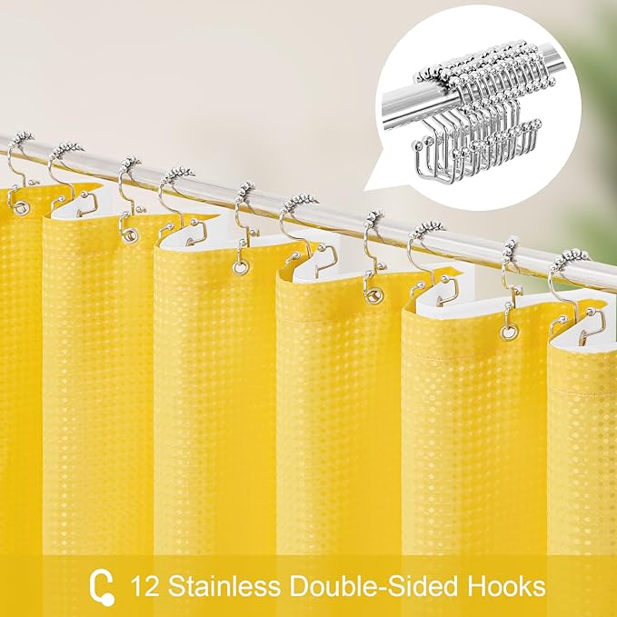 3 in 1 Long Yellow Shower Curtain Set-72 W x 78 H, Modern Waffle and PEVA Liner Set with 12 Stainless Steel Hooks, Waterproof Fabric for Bathroom