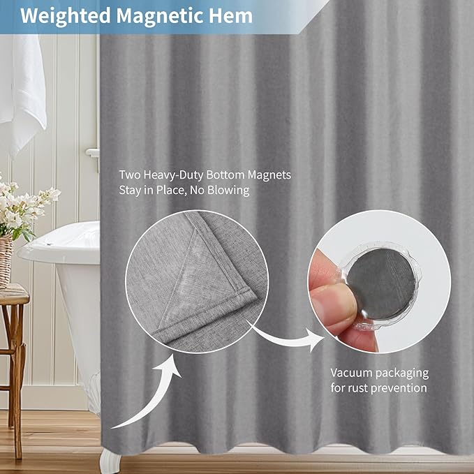 2-in-1 Waterproof Extra Long Fabric Shower Curtain or Liner,Linen Textured,84 Inch Breathable TPU & Washable Bathroom Shower Curtain Set with 12 Plastic Hooks,Modern,72"x84" Grey