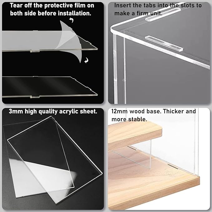 Choowin 4 Tier Small Clear Acrylic Display Case for Collectibles, Mini Figures, Pop Mart, Labubu, Sonny Angel, Smiski - Assemble Dustproof Acrylic Display Box with Door, Stand (Wood Base Step)