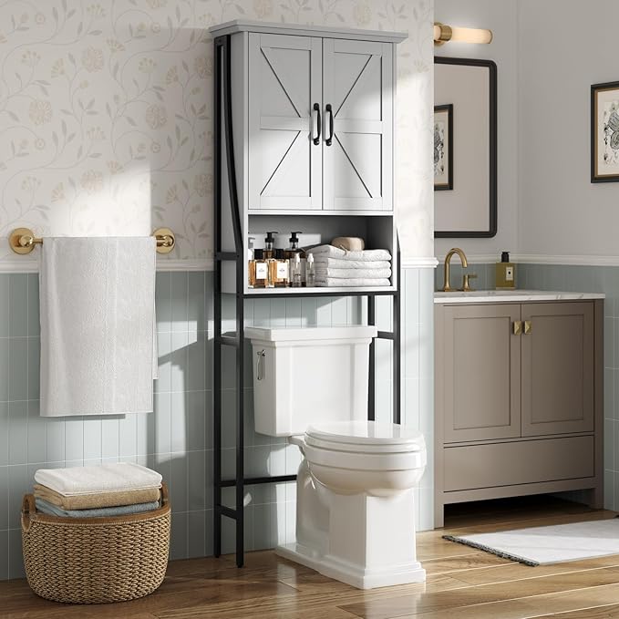 Over The Toilet Storage Cabinet, Over Toilet Bathroom Organizer with Barn Doors Above Toilet Storage Cabinet Spacesaver Rack Behind Toilet Bathroom Organizer (Gray)
