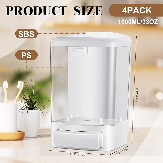 Hushee 4 Pcs Plastic Wall Mounted Soap Dispenser Commercial Manual Soap Containers Wall Dispenser for Kitchen Shower Hotel Liquid Shampoo Gel Chamber(33.8 oz 1000 ml,White)