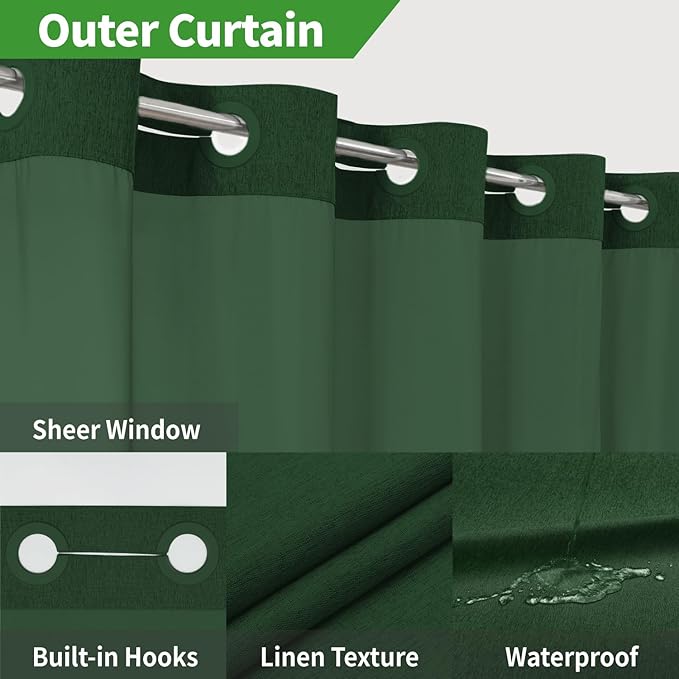 Extra Long No Hooks Needed Linen Textured Shower Curtain with Snap-in Fabric Liner Set,White Hotel Luxury Decor Shower Curtains for Bathroom,Waterproof & Washable,71Wx86H,Emerald Green