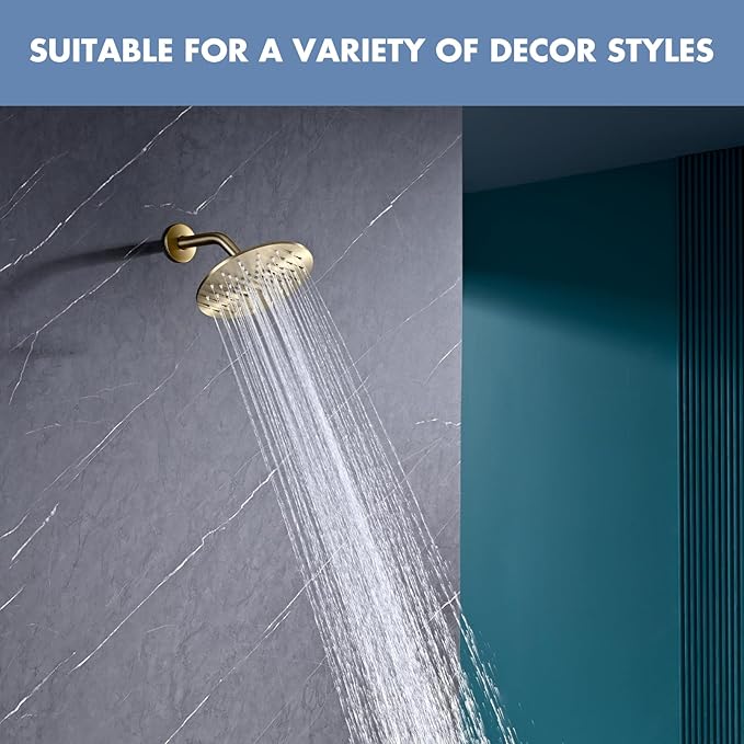 Rainfall Shower Head, MEDIOMI Rain Shower Head Set - Ultra-Thin Design High Flow Stainless Steel Large Round Rain Shower Heads with Shower Arm and Flange (8-Inch, Brushed Gold)
