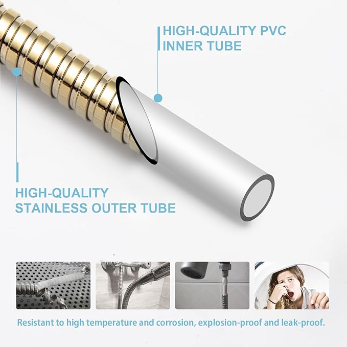 OFFO Shower Hose, 80 in Kink Free Stainless Steel Shower Hose Attachment Electroplating Handheld Shower Head Hose Flex Hoses Extension with Brass Insert & Nut for Pet Bathing Cleaning, Gold