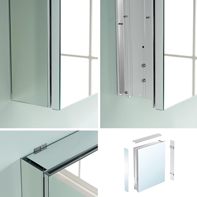 WELLFOR 20" x 30" Bathroom Medicine Cabinet, Anodized Chrome Aluminum Frame, Medicine Cabinet with Adjustable Glass Shelves, Bathroom Cabinet with Reverse Door Installation, Surface or Recessed Mount