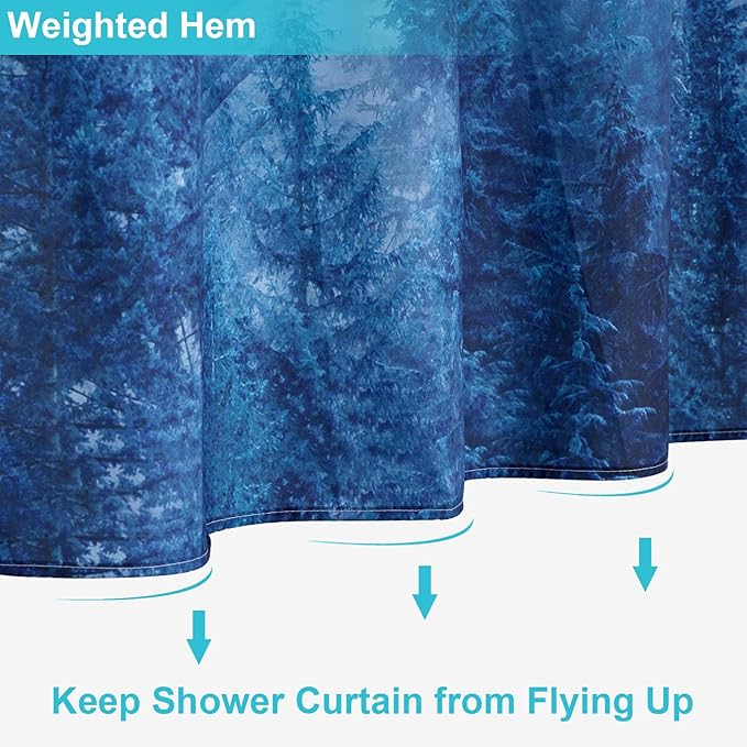 ORTIGIA 84 Inch Long Blue Misty Forest Shower Curtain for Bathroom, Nature Woodland Shower Curtain Set with Hooks, Decorative Pine Tree Fog Magic Bath Curtain, Waterproof Fabric, Weighted, 72x84
