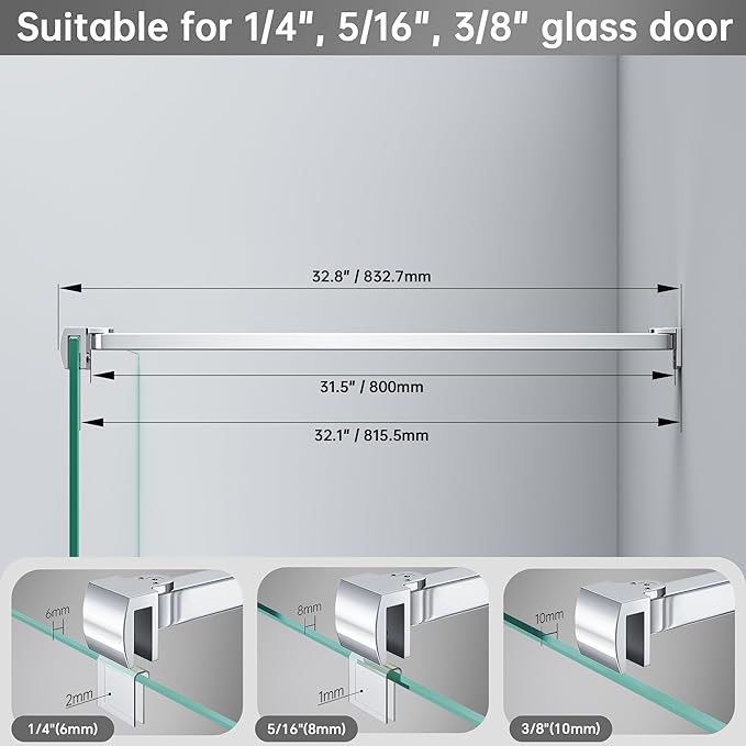 Frameless Shower Door Support Bar, Stainless Steel Wall-to-Glass Support Arm to Fixed Shower Glass Panel, for 1/4"-3/8" (6-10 mm) Door, 180° Pivot & Stow-Flat Mode (Chrome, 31.5-inch(800mm))