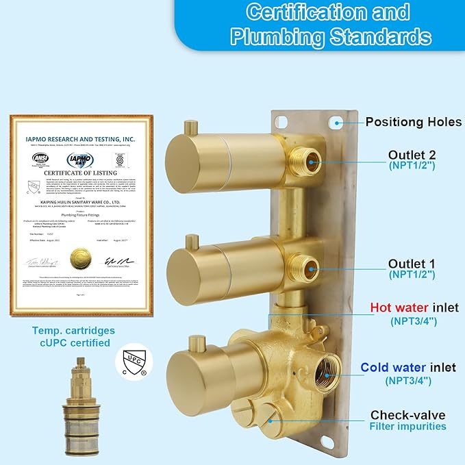 HOMEDEC 2 Way Shower Diverter Valve, Brass Dual Functions Thermostatic Shower Mixing Valve Kit 3 Handle Flow Control Valve, 3/4 Inch Inlet, Can Run Simultaneously(Brushed Gold)