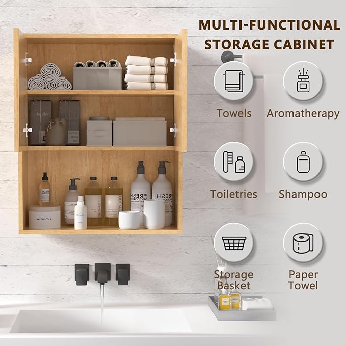 Fluted Bathroom Wall Cabinet Over The Toilet Storage,Wall Mounted Cabinet with Adjustable Shelf,Floating Cabinet Organizer Hanging Cabinet,Kitchen and Laundry Room Cabinets (Oak-2 PCS)
