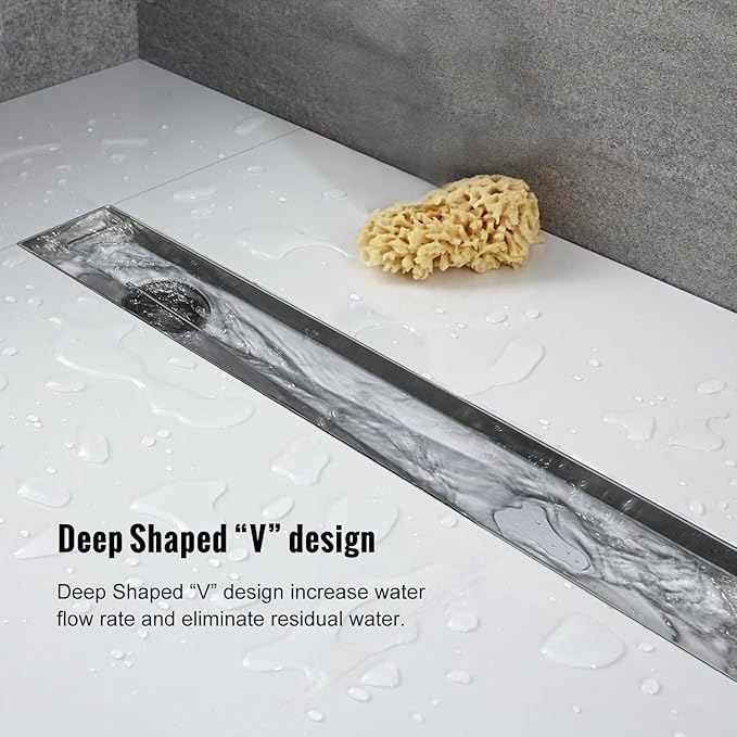 Offset Linear Shower Drain, Shower Drain 36 inch with 2-in-1 Tile Insert Cover, Brushed AISI 304 Stainless Steel Side Outlet Shower Floor Drain with Hair Catcher and Adjustable Feet